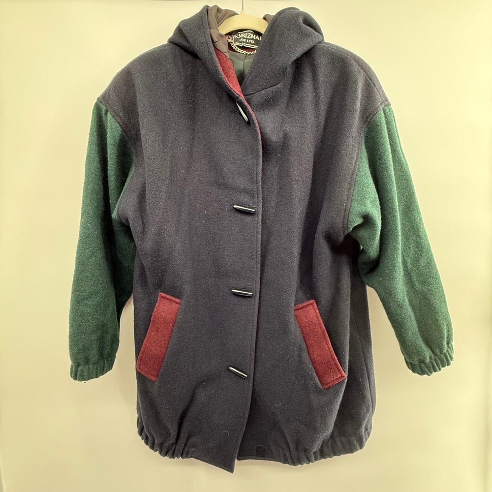 Vintage Karizma East Ltd Wool Coat Size 10‎ Hooded Colorblock Toggle Jacket